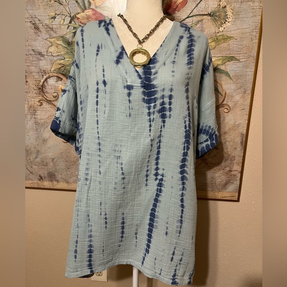 Sz L J. Jill Light Blue Tie-Dye Tunic Shirt Boho - Picture 1 of 16